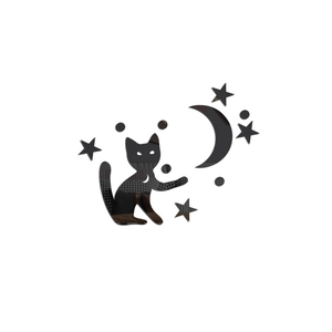 Détail de 11 stickers muraux miroirs en acrylique noir avec lune, étoiles et un chat