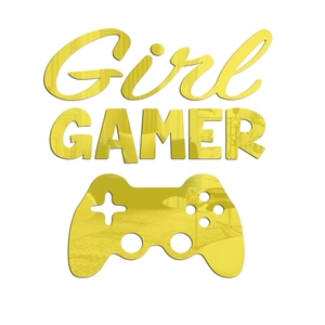 Close-up of golden mirror acrylic Girl Gamer wall sticker with game controller silhouette