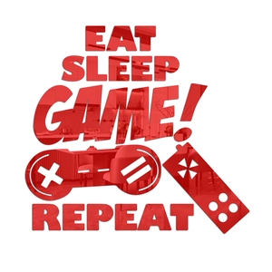 Macro view of red mirror acrylic wall sticker with Eat Sleep Game Repeat lettering