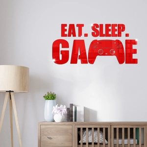 Moderner roter Acryl-Wandtattoo-Spiegel mit EAT SLEEP GAME Gaming-Controller-Silhouette