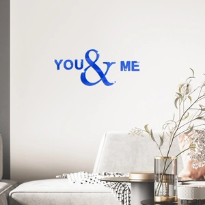 Blue acrylic mirror wall sticker with 'YOU & ME' text for modern living room decor