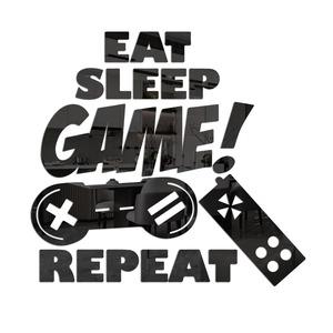 Macro detail of acrylic mirror wall stickers featuring game slogan and controller icons