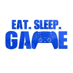 Wanddeko aus blauem Acrylglas mit Eat Sleep Game Schriftzug und Gaming-Controller-Motiv