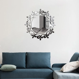 Detail of silver acrylic mirror wall stickers with Baroque floral pattern for home decor