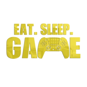 Nahaufnahme gelber Spiegel-Acryl-Wandsticker mit Eat Sleep Game Gamer-Schriftzug
