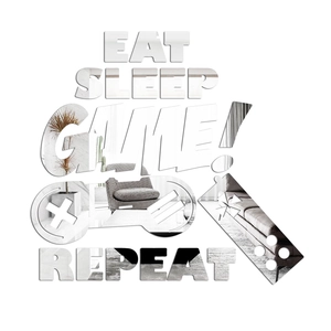 Detailed mirror acrylic wall sticker set featuring Eat Sleep Game Repeat text and controller