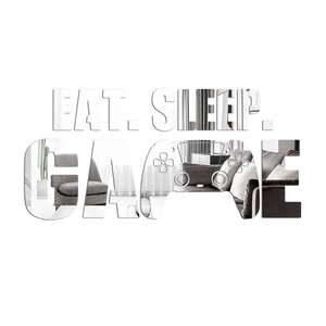 Spiegel-Acryl-Wanddeko mit Eat Sleep Game-Text und Gamepad-Silhouette für Gamer