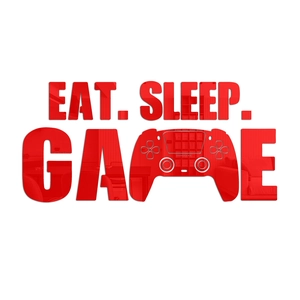 Detail der roten Acryl-Wandaufkleber mit Spiegeleffekt und Eat Sleep Game Schriftzug