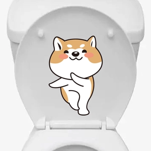 Funny cartoon Shiba Inu dog sticker applied on a white toilet lid for bathroom decoration