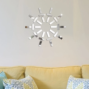 Modern DIY geometric mirror wall stickers arranged in a sunburst pattern above sofa
