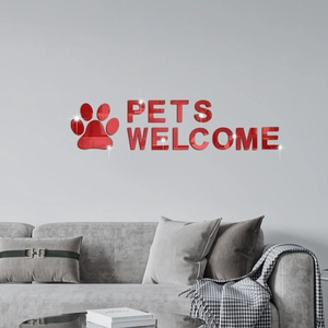Sticker mural miroir rouge PETS WELCOME avec patte de chien pour décoration de boutique