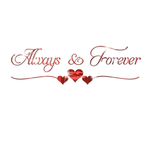 Macro detail of red 3D mirror acrylic Always & Forever wall sticker with three hearts