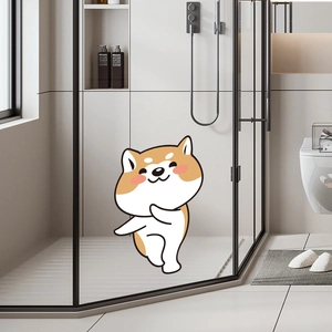 Adorable cartoon Shiba Inu dog waterproof wall sticker applied on a glass shower door