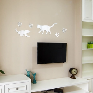 Silver mirror acrylic wall stickers featuring cute cat silhouettes and paw prints for home decor