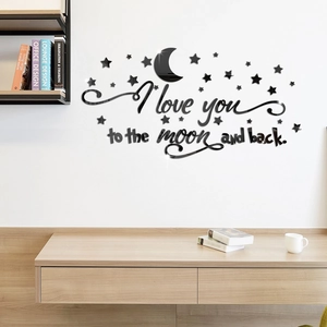 Detailansicht von 3D-Acryl-Spiegel Wandtattoos mit Mond, Sternen und romantischem Text