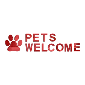 Sticker mural en acrylique rouge avec patte d'animal et texte Pets Welcome pour magasin