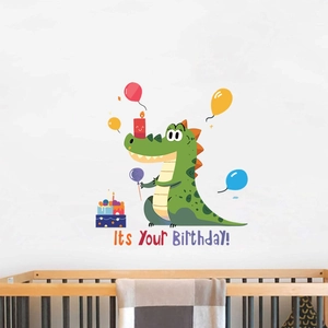 Sticker mural crocodile d'anniversaire pour chambre d'enfant avec ballons et gâteau