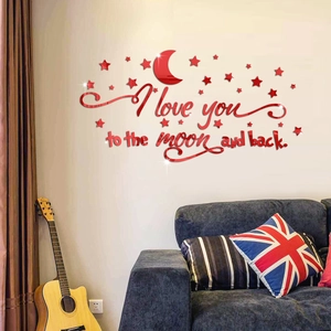 3D Rote Spiegel Acryl Wandaufkleber mit Mond und Sternen I Love You to the Moon and Back Dekor