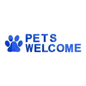 Vue détaillée du sticker mural PETS WELCOME en acrylique bleu miroir avec une patte
