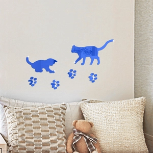 Blue acrylic cat mirror wall stickers set for home decor with kitten paw prints
