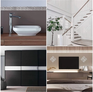Self-adhesive silver acrylic mirror wall stickers with geometric Greek pattern frames