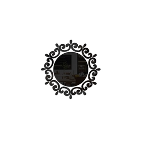 Macro shot of circular mirror wall sticker with black European floral scrollwork frame