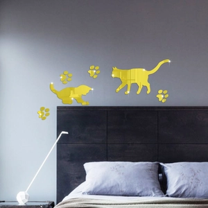 Golden acrylic cat mirror wall stickers with paw prints for modern bedroom decoration