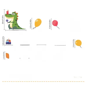 Dimensions détaillées des stickers muraux crocodile d'anniversaire avec tailles et pièces