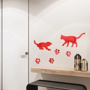 3D red mirror acrylic cat wall stickers set for living room and bedroom decor