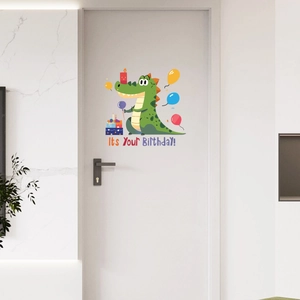 Sticker mural dinosaure vert de dessin animé avec ballons et gâteau d'anniversaire