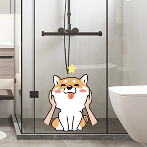 Funny Shiba Inu wall decal showing a cute dog with tongue out on a bathroom glass door