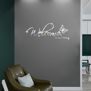 Moderner 3D Acryl Spiegel Wandaufkleber mit Welcome to our home Schriftzug in Silber
