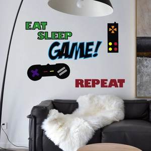 Eat Sleep Game Repeat wall decal with game controller icons for modern bedroom decor