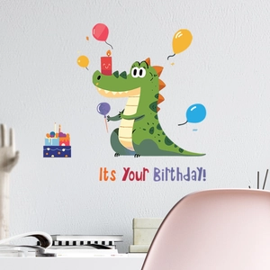 Sticker Mural Crocodile d'Anniversaire pour Chambre d'Enfant PVC Amovible Décoration de Fête Ballon Coloré Gâteau Autocollant