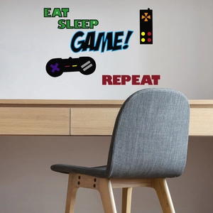 Eat Sleep Game Repeat wall decal set with colorful controller graphics for game rooms