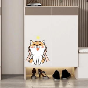 Cute Shiba Inu cartoon wall sticker applied on a white minimalist cabinet door for decor