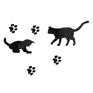 Detailed mirror acrylic wall sticker set featuring two black cats and four paw prints