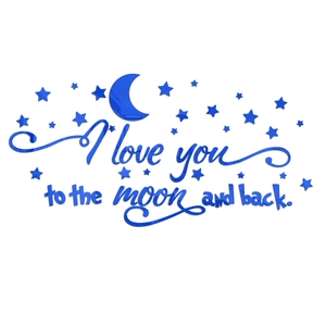 Detail von 3D blauem Spiegel-Acryl Wandtattoo mit Sternen, Mond und romantischem Text
