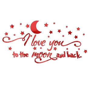 Makroansicht der roten Acrylspiegel Mond und Sterne mit I love you Wandzitat Schrift