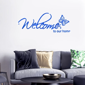 Blauer Acryl 3D Wandtattoo mit Welcome To Our Home Schriftzug und Schmetterling Design