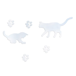 Detail of silver acrylic mirror wall stickers featuring cat silhouettes and paw prints