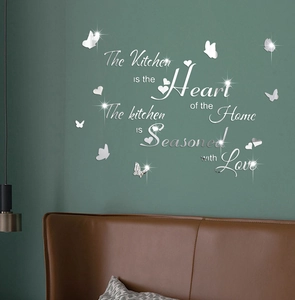 Silver 3D mirror acrylic wall art featuring kitchen quotes and butterfly heart details