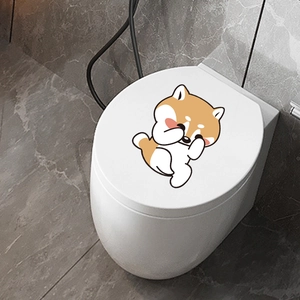 Cute Shiba Inu cartoon sticker for toilet lid decoration on white bathroom surface
