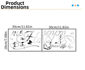 Detailed dimension guide for 3D acrylic mirror wall stickers with butterfly accents