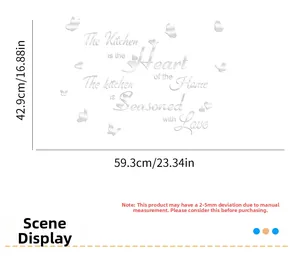 Dimensions of 3D silver mirror wall decal with kitchen quote and butterfly motifs