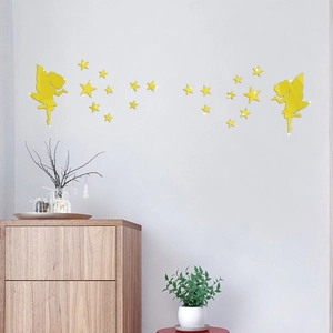 Sticker mural miroir en acrylique jaune avec fée et étoiles pour décoration de chambre