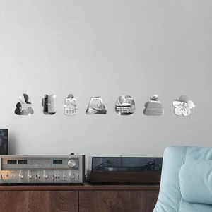 Detailed macro view of 7-piece acrylic silver mirror wall stickers with Maneki-neko design