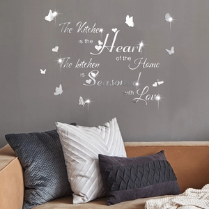 Detailed 3D silver mirror acrylic wall stickers for kitchen with butterfly and heart decor