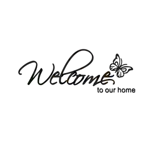 Detailsicht der 3D-Spiegel-Wandaufkleber aus Acryl mit Welcome to our home und Schmetterling