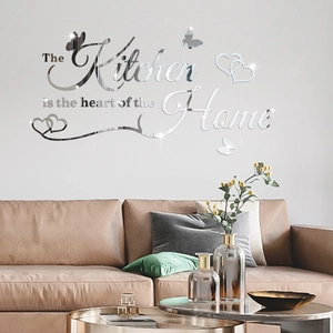 Detail of silver acrylic 3D wall sticker with The Kitchen is the Heart of the Home text